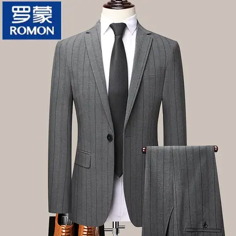 罗蒙西服套装商务休闲条纹修身正装伴郎新郎礼服小西装男春秋外套图片