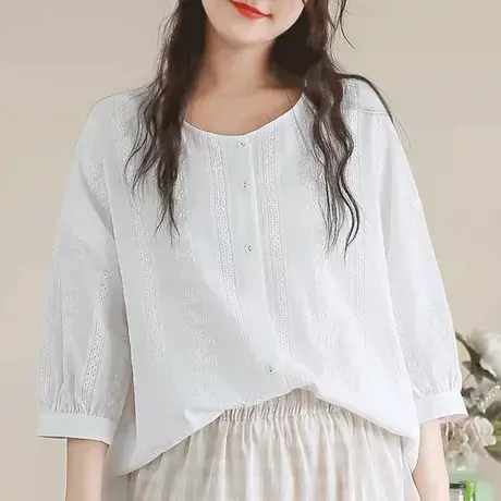 胖妹妹夏季满幅绣简约圆领衬衫 大码2023夏学院风减龄上衣200斤女商品大图