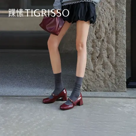 蹀愫法式温柔红色玛丽珍复古粗跟单鞋女鞋子TA54517-51图片