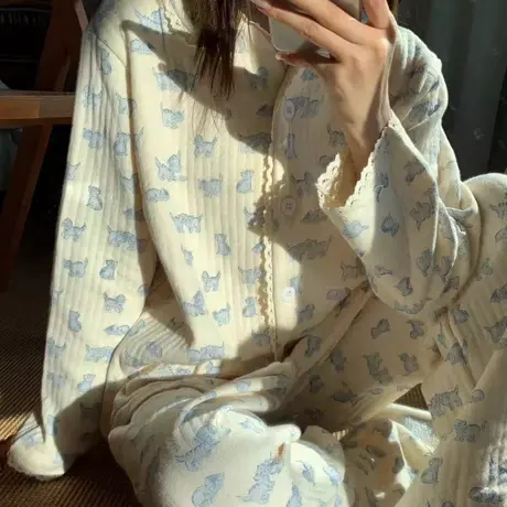 秋冬新款！小奶猫可爱空气棉睡衣女秋冬季长袖长裤卡通宽松家居服图片