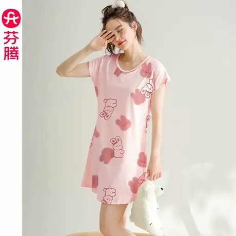芬腾睡裙女夏季纯棉圆领短袖连衣裙卡通可爱少女全棉家居服睡衣裙图片