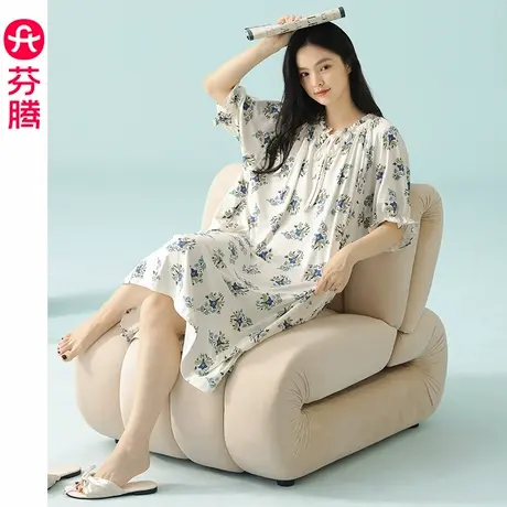 芬腾纯棉睡裙女2025年夏季薄款短袖睡衣裙女款休闲凉感夏天家居裙图片
