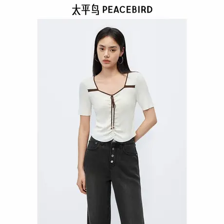 太平鸟曲珠纱心机锁骨短袖针织衫女线套衫秋装新款白色上衣女商品大图