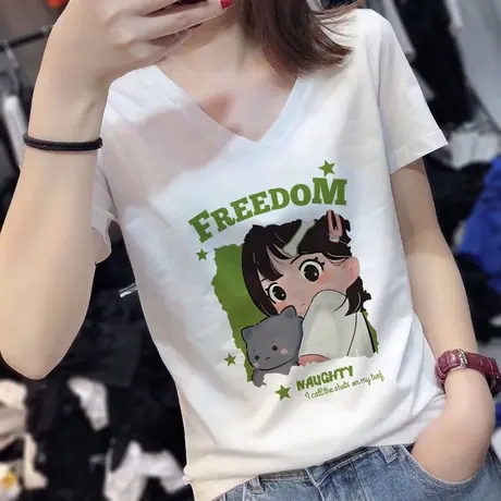 胖mm夏季t恤女新款2023v领显瘦设计感ins潮大码宽松短袖chic上衣商品大图