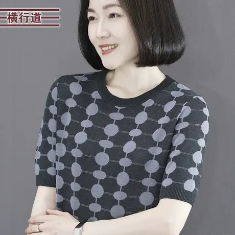 2023夏季新款韩版圆领波点撞色宽松套头针织短袖女装大码上衣外穿商品大图