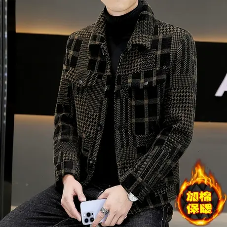 时尚拼接男士毛呢外套冬季夹棉加厚呢子夹克潮流帅气金貂绒上衣服商品大图