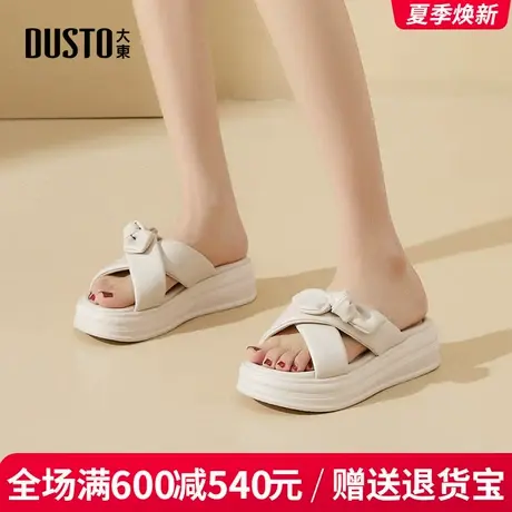 大东女鞋2025夏季新款时尚简约平底中跟蝴蝶结休闲外穿一字女凉拖商品大图