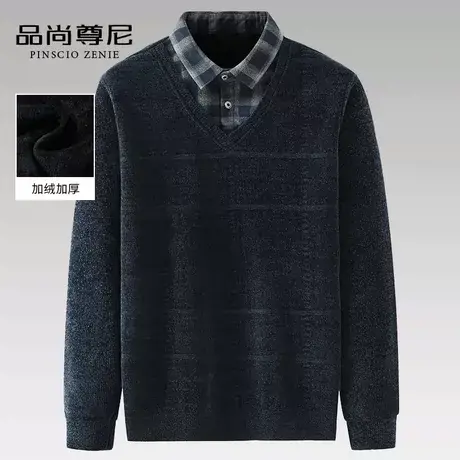男士爸爸毛衣加绒加厚中老年简约格纹雪尼尔假两件上衣打底衫秋冬商品大图