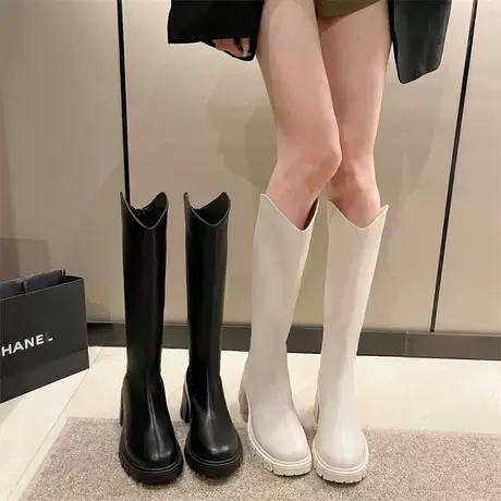 不过膝长筒靴女高跟v口骑士靴2023年新款秋季复古高级显瘦长靴潮商品大图