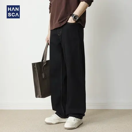 hansca黑色牛仔裤男2025新款男潮牌高端潮牌痞帅宽松直筒垂感长裤图片