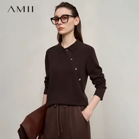 Amii2025秋新款休闲温暖翻领不规则异形扣不对称斜门襟毛衣女上衣商品大图