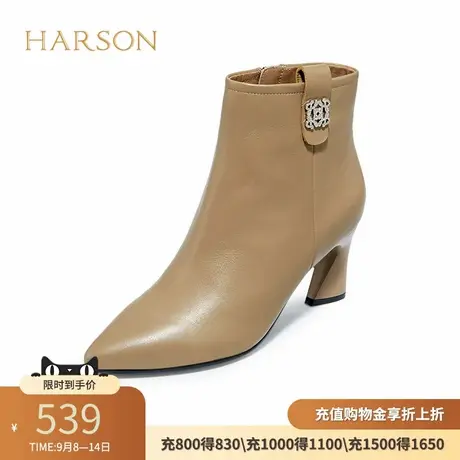 哈森尖头粗跟时装靴女秋冬新款通勤高跟短靴羊皮短筒女靴HA226032商品大图