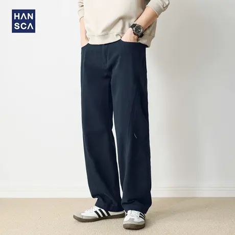 hansca秋季藏青色复古拼接纯棉休闲裤男士2025新款宽松直筒长裤子商品大图