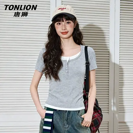 唐狮官方灰色假两件短袖女t恤夏2026新款夏季女士修身内搭上衣VB图片