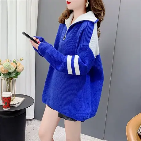 设计感半拉链高领毛衣女套头2022新款秋冬宽松洋气拼色打底衫上衣商品大图