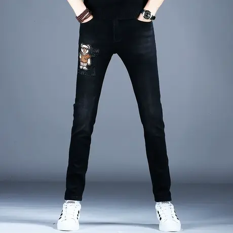 男士秋冬新款牛仔裤男潮牌黑色时尚刺绣小脚修身美式裤子潮流男款商品大图