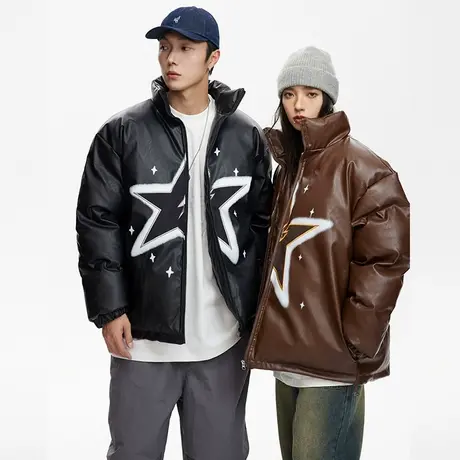 复古情侣装PU皮棉服女冬季加厚外套2023年新款潮牌宽松面包服棉衣商品大图