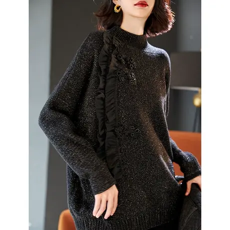 宝诗黎半高领拼接亮丝蝙蝠袖毛衣2023秋冬新款长袖套头针织衫女装商品大图