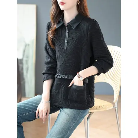 宝诗黎POLO领压花长袖宽松拼接口袋上衣2023秋季新款休闲卫衣女装商品大图