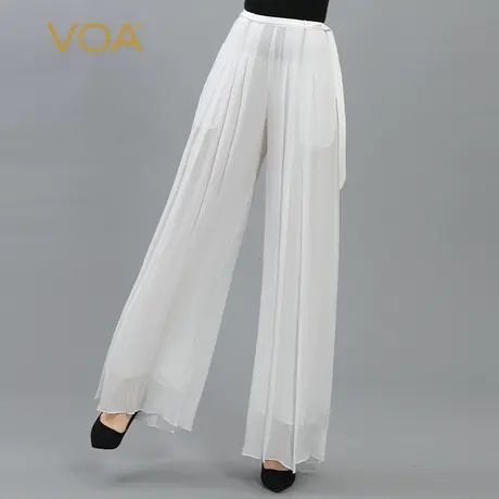 VOA乔其纱桑蚕丝茶白色褶皱双层面料腰带装饰宽松淑女真丝阔腿裤商品大图