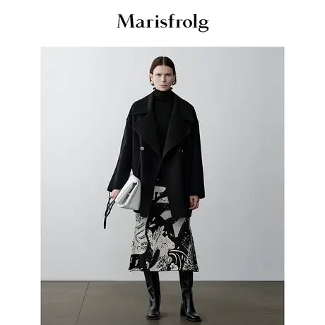 【商场同款】玛丝菲尔冬季中长款黑色绵羊毛西装大衣外套商品大图