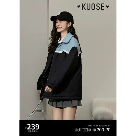 阔色拼色休闲棉服美式复古短款夹棉外套女2023秋冬季新款棉衣商品大图