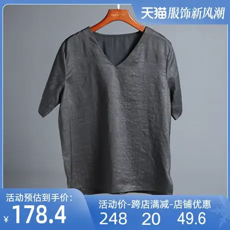 龟纹香云纱真丝上衣女2025春秋新款桑蚕丝黑色宽松妈妈装短袖T恤商品大图