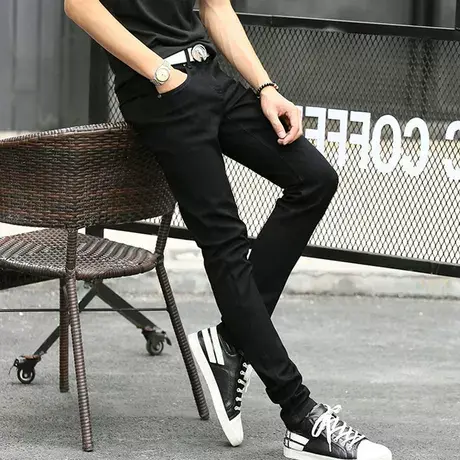 秋冬天黑色小脚牛仔裤男厚款修身弹力韩版潮流青少年男生休闲加绒图片