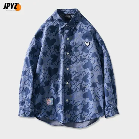 国潮爱心印花秋季潮牌长袖衬衫男日系复古cityboy宽松衬衣外套图片