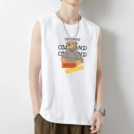 纯棉背心男士夏季薄款小熊白色无袖t恤健身运动坎肩篮球跨栏汗衫商品大图