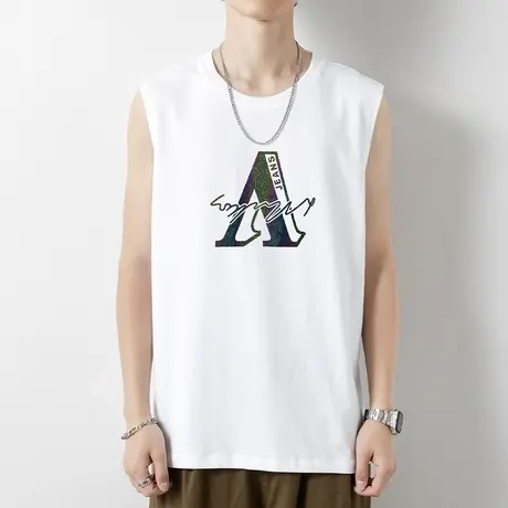 纯棉白色背心男士夏季外穿跨栏宽肩运动坎肩健身篮球无袖t恤汗衫商品大图