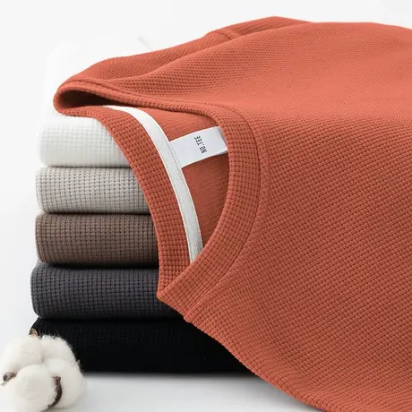 华夫格卫衣男纯色套头无帽上衣服秋冬款加绒加厚保暖圆领长袖t恤商品大图