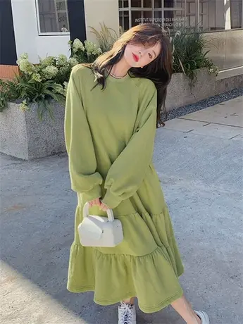 胖mm大码绿色卫衣裙女春秋新款韩版宽松中长款荷叶边连衣裙200斤商品大图