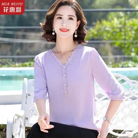 中年妈妈夏装雪纺衫上衣中袖小衫40岁50中老年女夏季洋气T恤套装商品大图