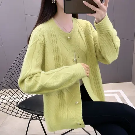 圆领针织衫开衫2024春装新款紫色毛衣内搭小衫长袖韩版外套上衣图片