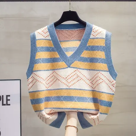 v领针织马甲背心女2023秋装新款宽松外搭马夹外穿条纹毛衣坎肩潮图片