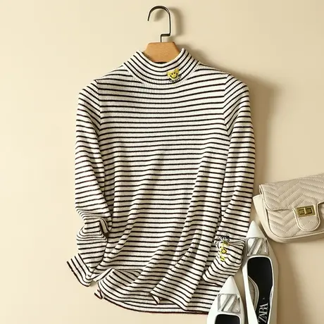 半高领毛衣套头打底衫女春装2024年新款内搭爆款洋气条纹针织衫女商品大图