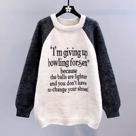 美式撞色字母毛衣女秋冬2023新款宽松慵懒风中长款休闲针织衫上衣商品大图