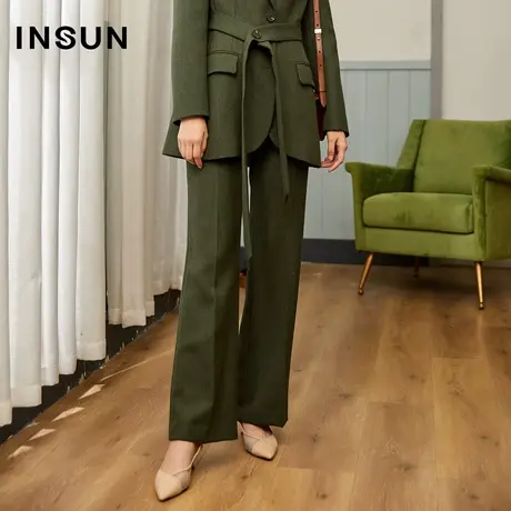 INSUN恩裳冬季OL军绿色直筒西裤图片