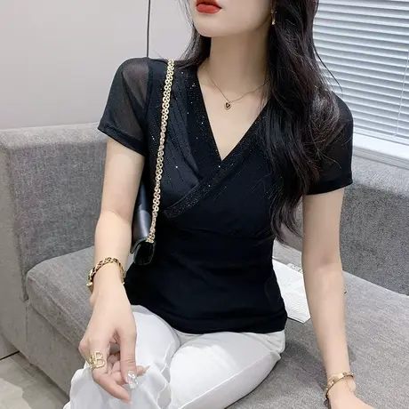 性感网纱T恤女短袖夏装2024新款不规则交叉V领上衣百搭修身小衫潮图片