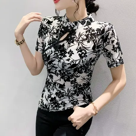 中国风女装复古立领盘扣短袖T恤设计感不规则上衣性感网纱小衫夏图片