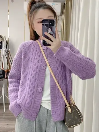 2023年春秋新款宽松圆领纯色小众设计感毛衣针织开衫女装长袖上衣商品大图