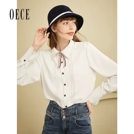 Oece温柔复古白色衬衣上衣春秋新款女装气质长袖衬衫商品大图