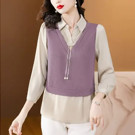 秋装假两件女士衬衫2023年秋季新款时尚宽松显瘦遮肚子长袖衬衣女图片