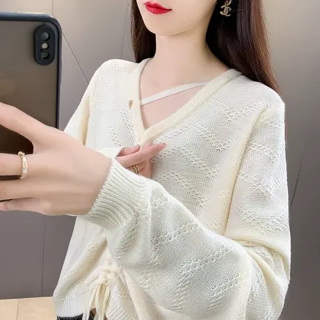 v领镂空条纹抽绳针织衫甜美春季新款洋气显瘦薄款上衣洋气百搭女商品大图