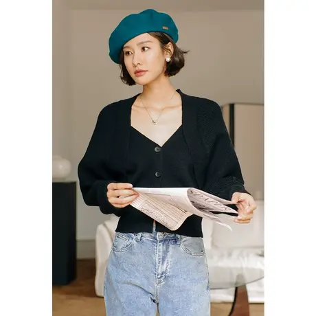 弥古法式黑色毛衣针织衫上衣女小众设计感假两件外搭开衫春秋外套商品大图