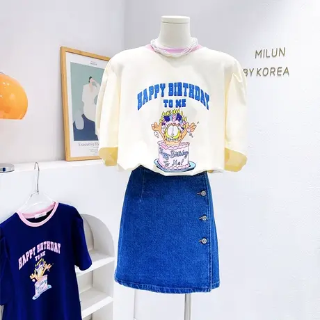 韩国东大门设计感短袖上衣2023春夏款撞色泡泡袖减龄洋气气质T恤图片