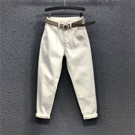 冬季新款加绒加厚老爹裤休闲长裤女潮港味高腰宽松米白牛仔哈伦裤图片