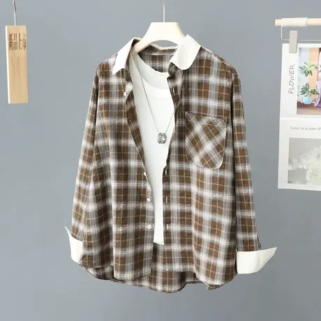 小众拼色长袖格子衬衫女春装新款宽松休闲外套衬衣薄开衫上衣女装图片