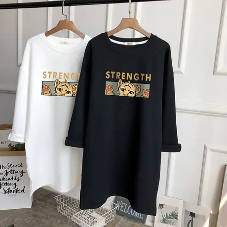 大码中长款韩版卡通印花打底衫2022春秋装纯棉长袖t恤女宽松上衣商品大图